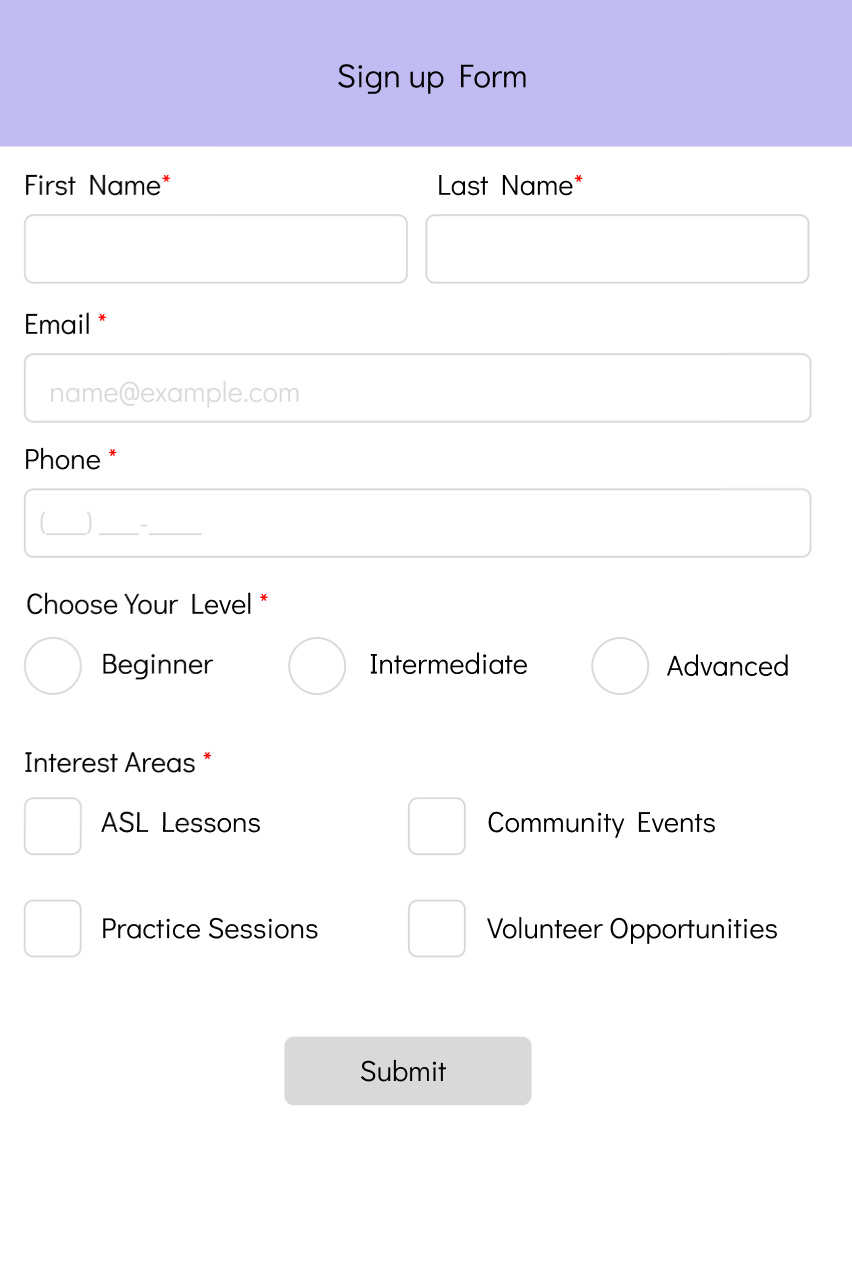 sign up form that you have to fill out to join the club. This include your name, email, 
                         phone, choose your level and interest area